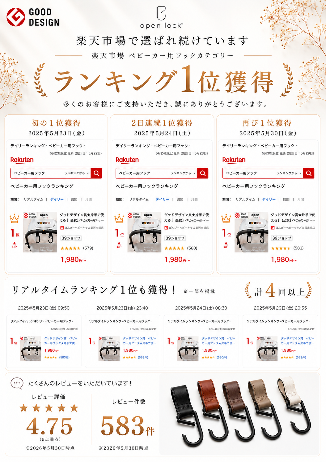 ベビーカーフック オープンロック カラビナ 2個set