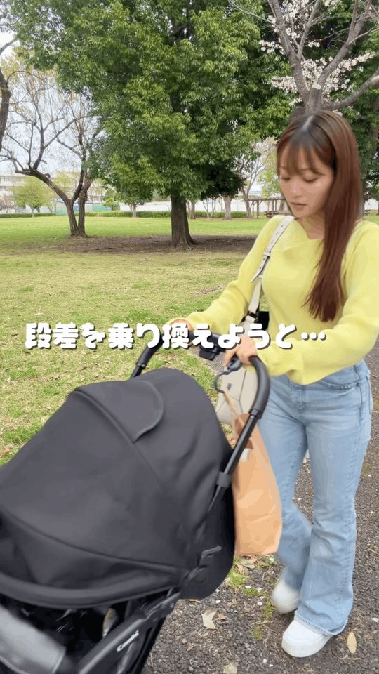 ベビーカーで段差を乗り越えようとする場面（動画の1コマ）